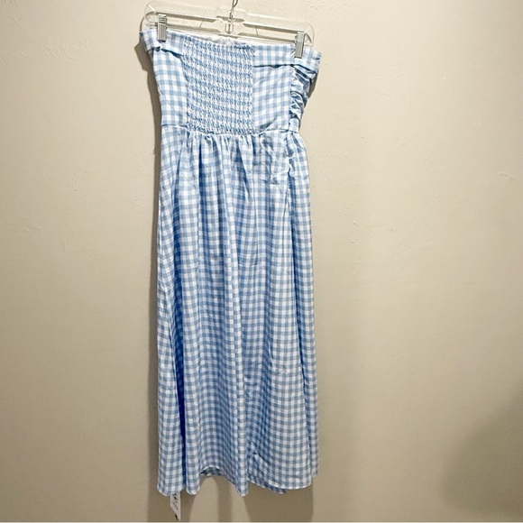 New CIDER Women’s Baby Blue Gingham Strapless PICNIC Midi Dress Ruched Size XS - Picture 3 of 8